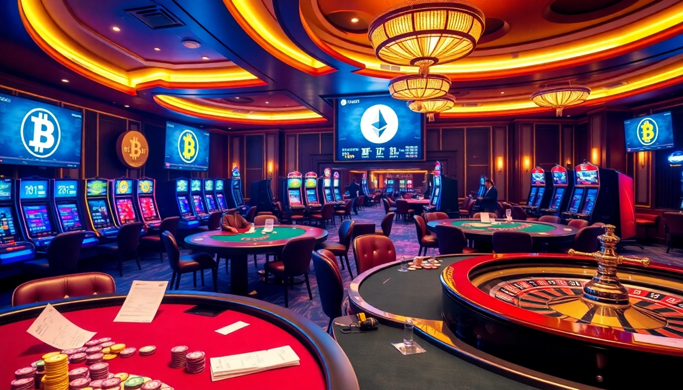 Kryptovaluta kurser displayed with luxurious casino elements including poker tables and slot machines