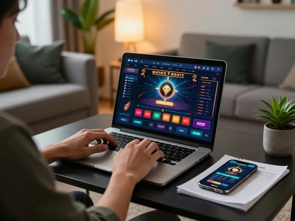 Engaged player using laptop at https://jtg88.com/ for online casino gaming, showcasing an inviting home setup.