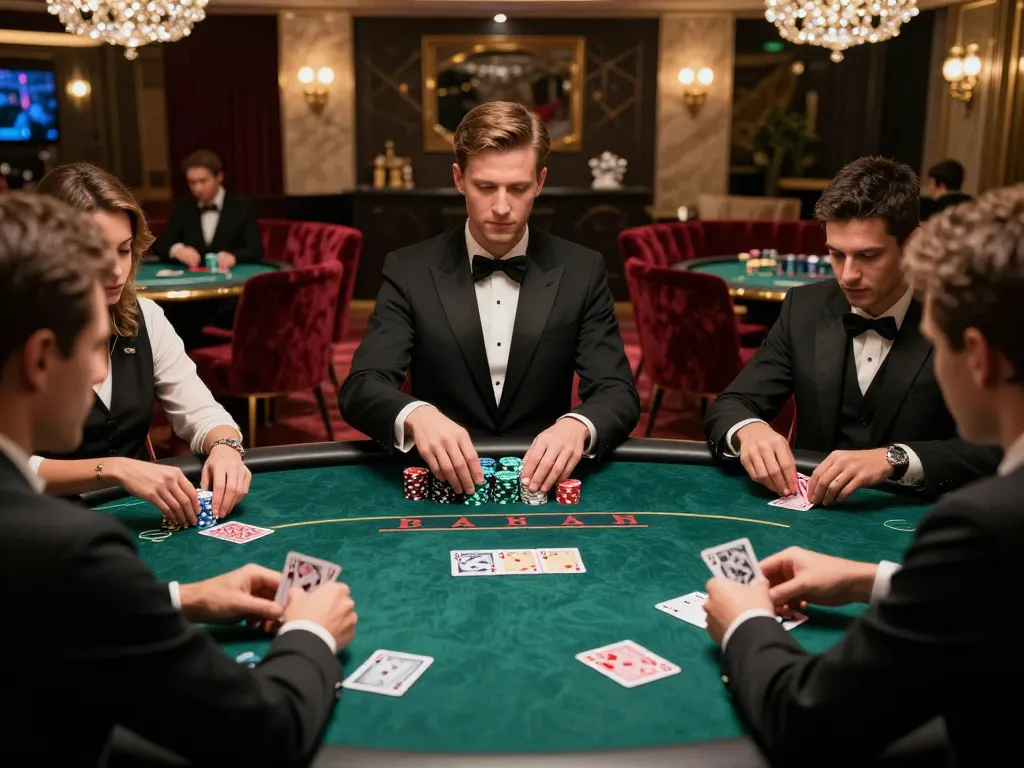 Intense poker strategy session at 23win.com high-roller room with players analyzing cards and stacking chips.