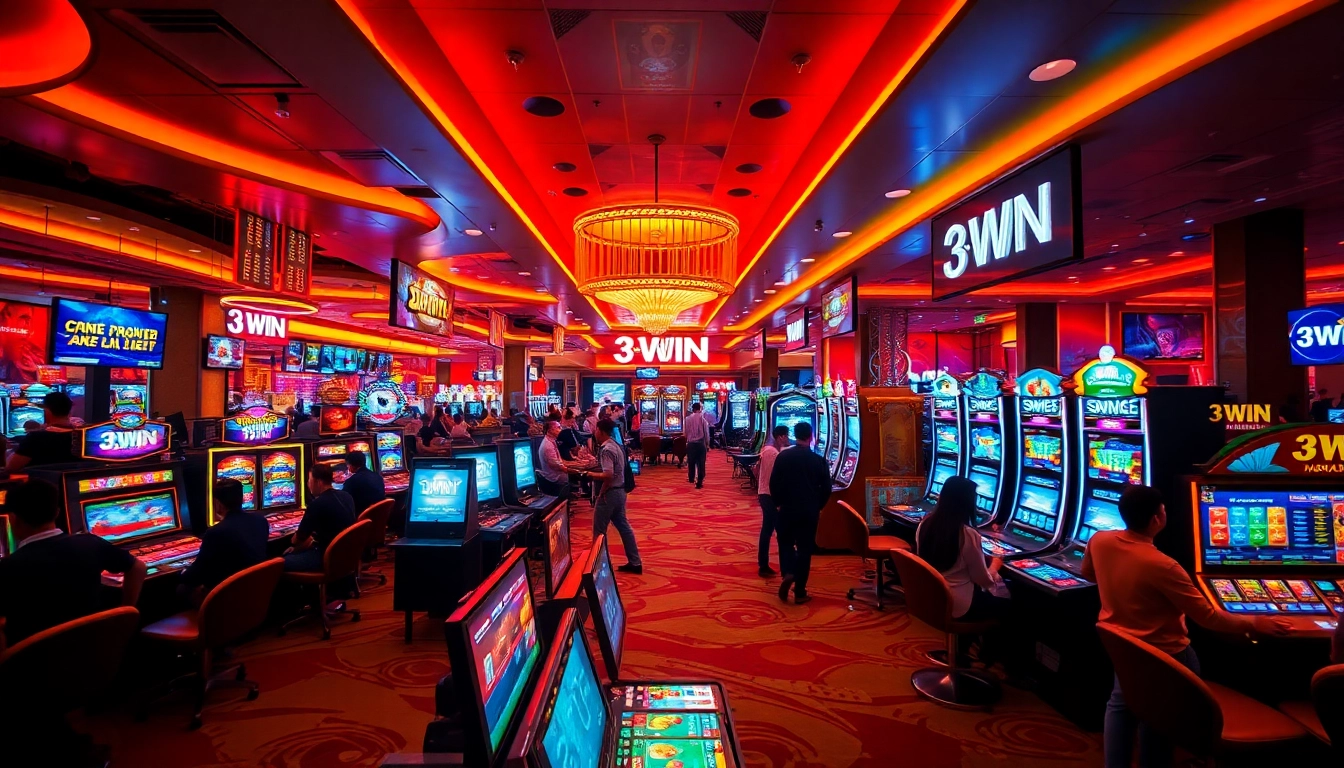 A vibrant gaming environment at 3WIN showcasing players at tables and slot machines in a luxurious casino atmosphere.