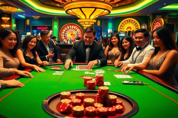 Experience excitement at https://lucky88.ae.org/ with players engaging at a luxurious casino table.