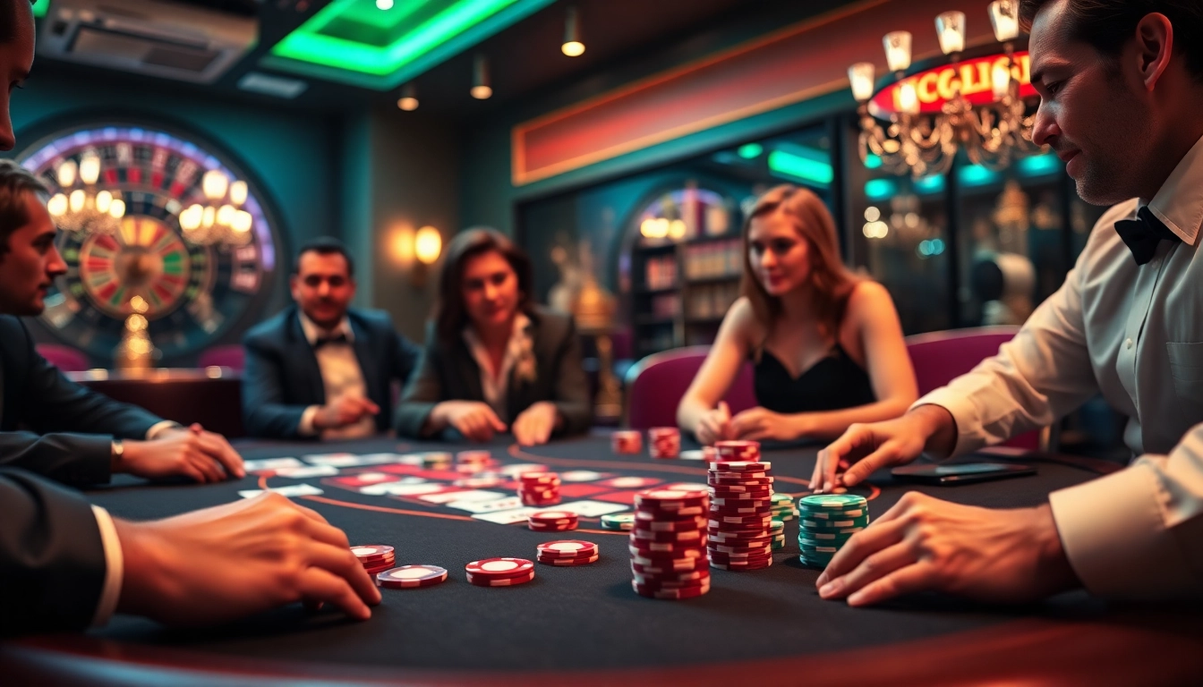 A vibrant casino scene representing online gambling at https://nohu90.ac/, featuring a thrilling poker game.