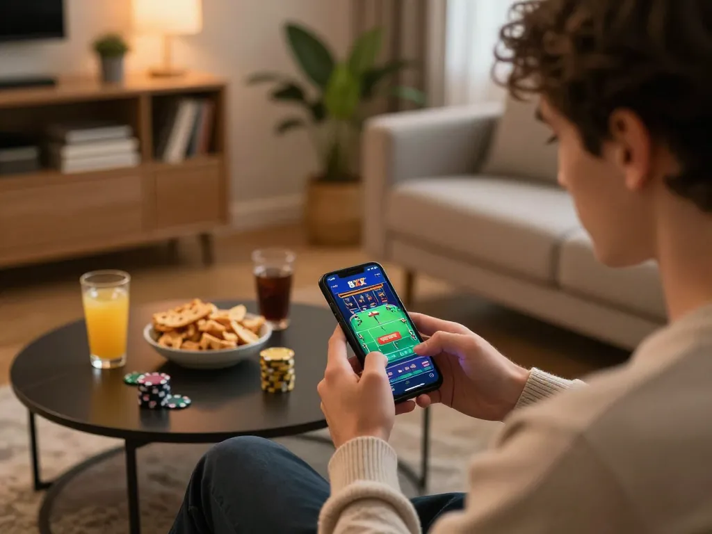 Player using nhà cái 8XX app on smartphone in cozy living room, promoting responsible gaming.