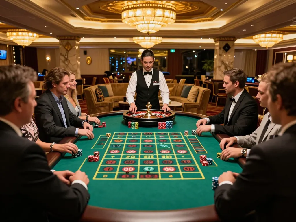 Engaging roulette game at FC88K with players placing bets and wheel in motion