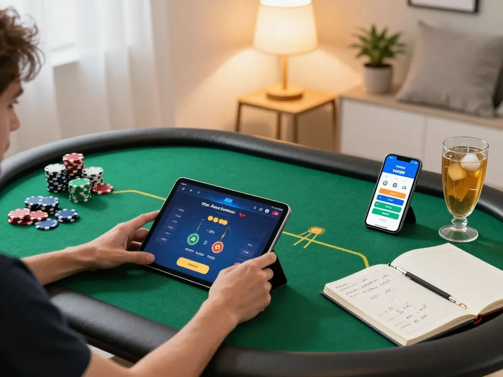 Player enjoying online poker action on the vin88lk app in a cozy home setting