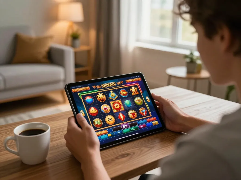 Person enjoying a luckywin slot game on a tablet at home, immersed in online gaming.