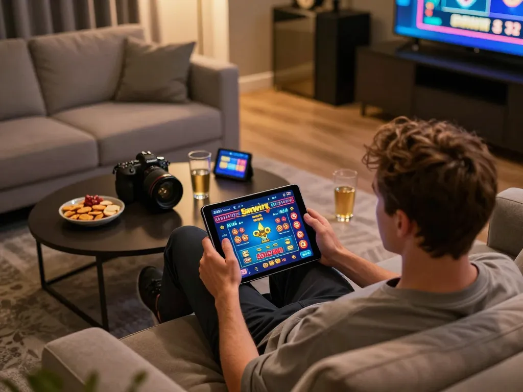 Engaging with Sunwin casino games on a tablet in a cozy home setting, showcasing an interactive gaming experience