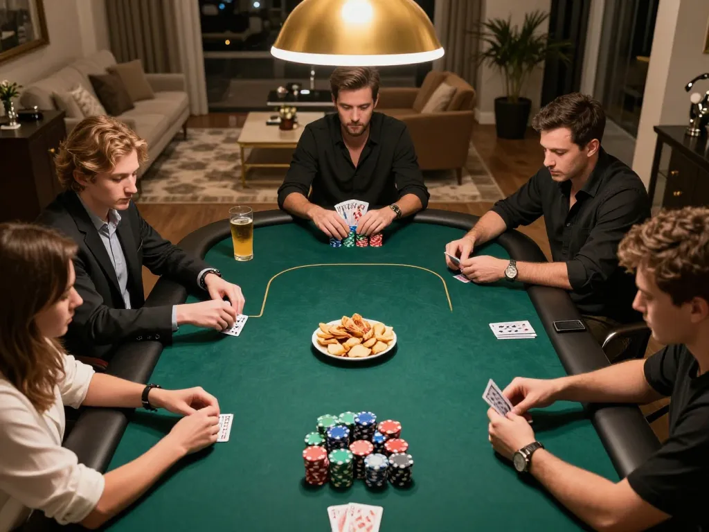 tr88 poker players strategizing during a high-stakes game at home with warm lighting