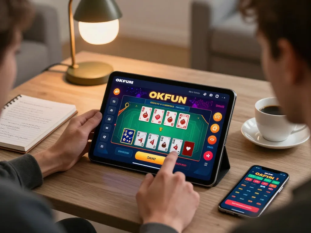 Engaging in strategic gameplay at home using the OKFUN app with live dealer interaction.