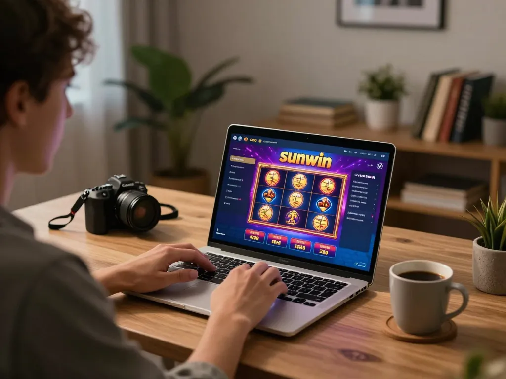 Player engaging with the sunwin casino app in a stylish home office, capturing strategic gaming.