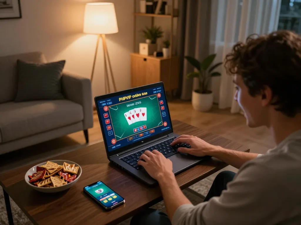Engaged player using PHPVIP online casino platform on a laptop at home, showcasing strategic gameplay