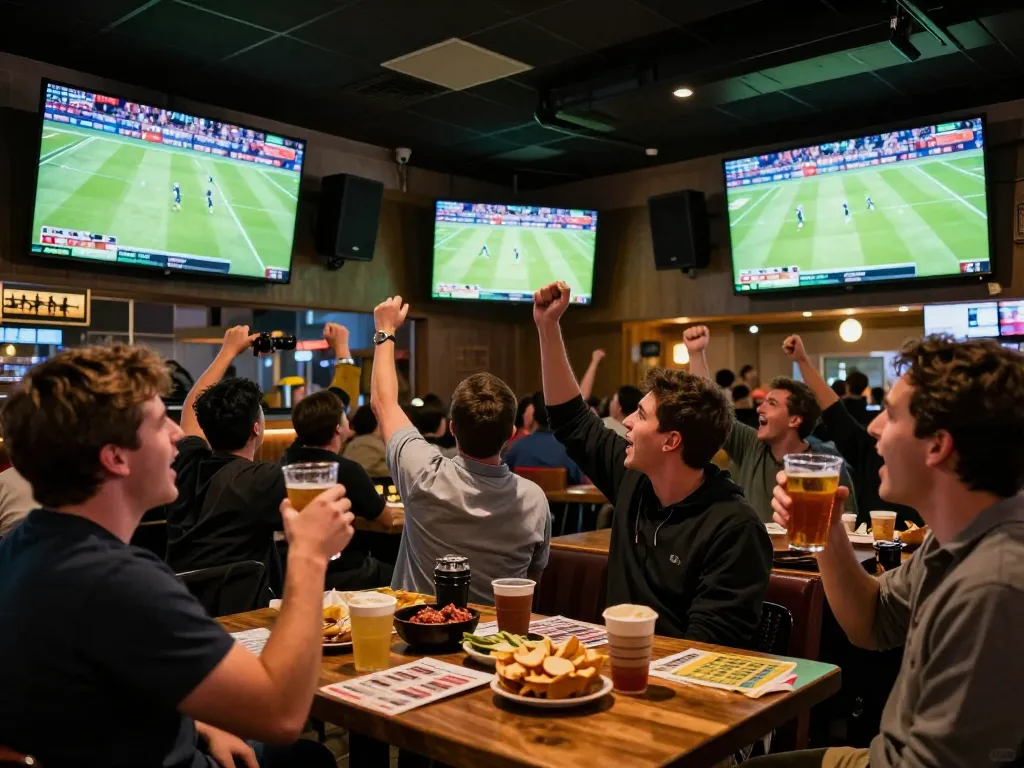 Xoilac users engaging in live sports betting at a vibrant bar filled with screens showcasing football matches.