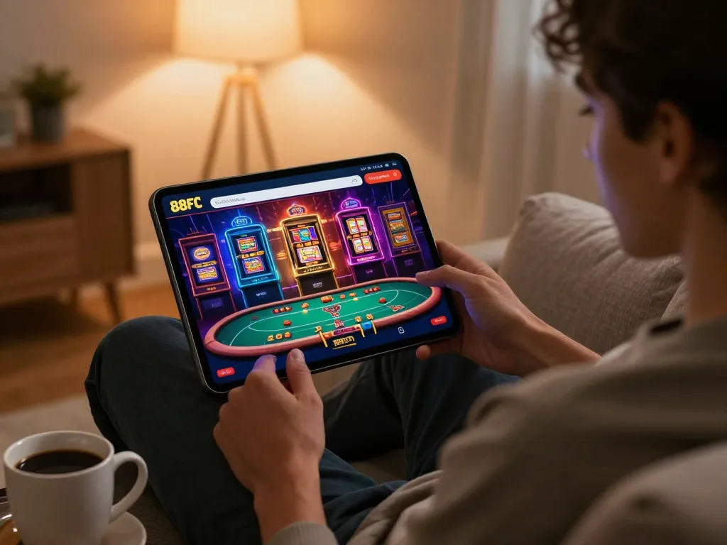 88fc user enjoying online betting experience on a smartphone in a cozy home setting