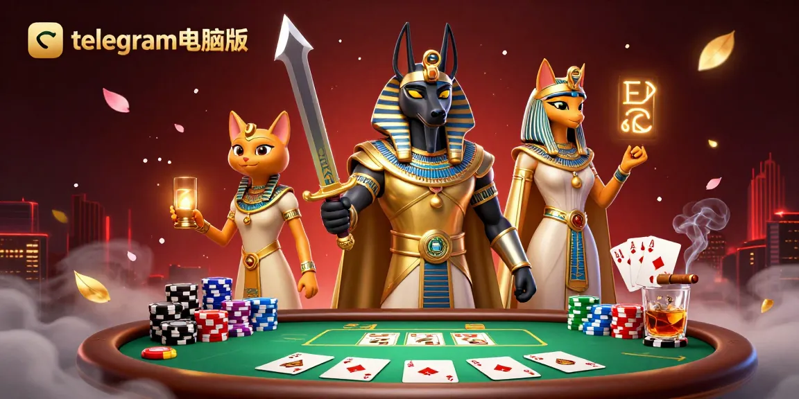 在充满活力和动态扑克场景中与telegram电脑版互动，背景中有阿努比斯和巴斯特，尽享激动人心的游戏体验。