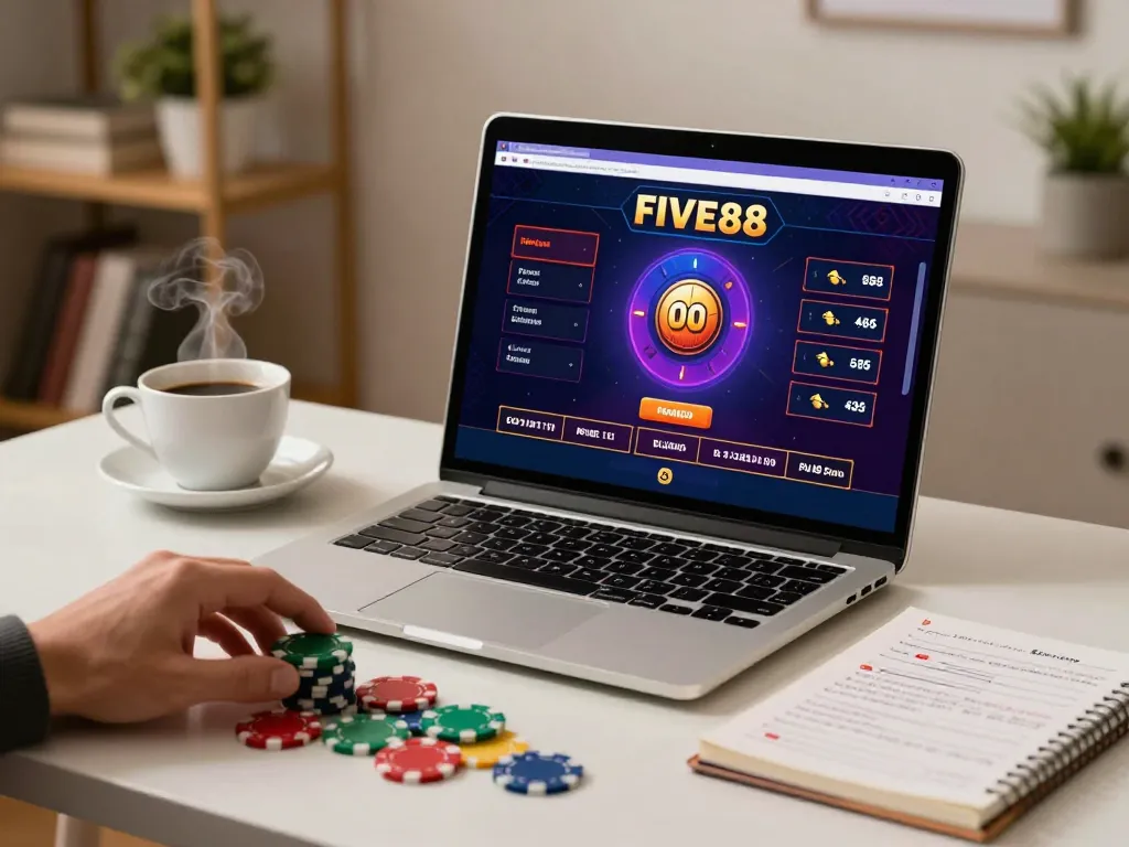 Engaging five88 online gaming scene showcasing a sleek laptop and colorful casino chips.