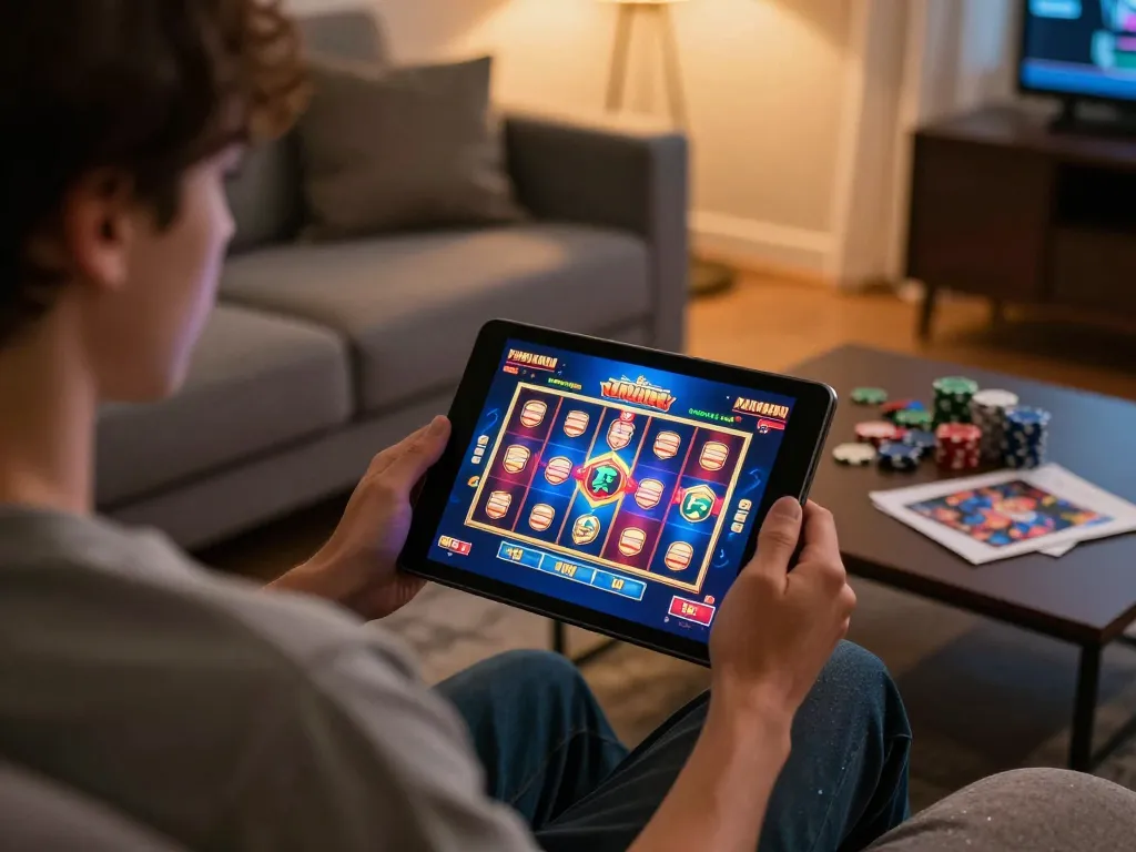 Player engaging with ssbet77 online casino app on a tablet in a cozy home environment while reviewing strategy notes.