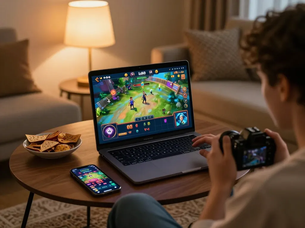 Engaging in lu88 game online from a cozy home setting, showcasing an excited player using a laptop.