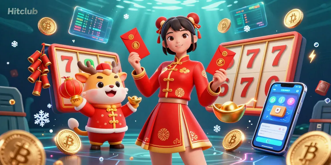Engage with Hitclub's vibrant gaming scene featuring a festive atmosphere, coins, and electrifying elements.
