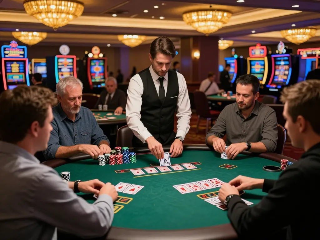Fo88r players engaging intensely at a blackjack table in a vibrant casino setting