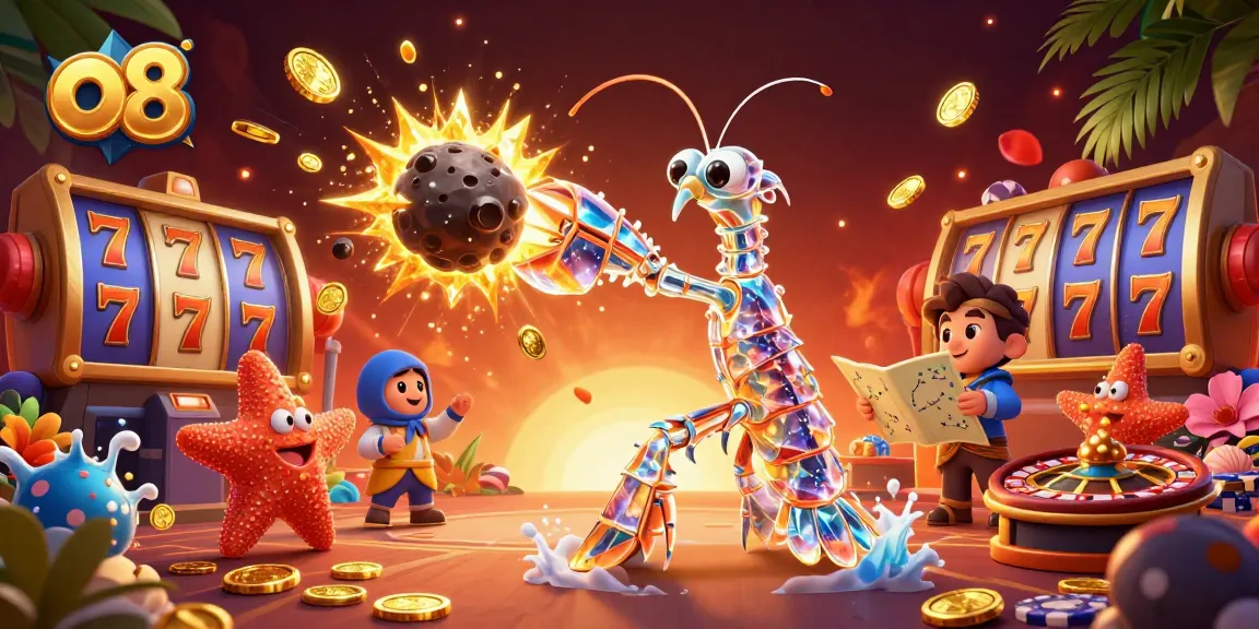 Engage in thrilling gameplay at o8, featuring vibrant casino characters, slot reels, and roulette.