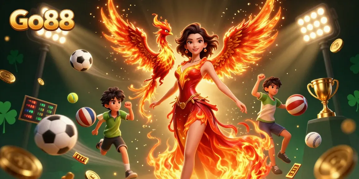 Experience thrilling gaming at Go88 with a stunning Asian woman in a fiery gown surrounded by dynamic casino elements.