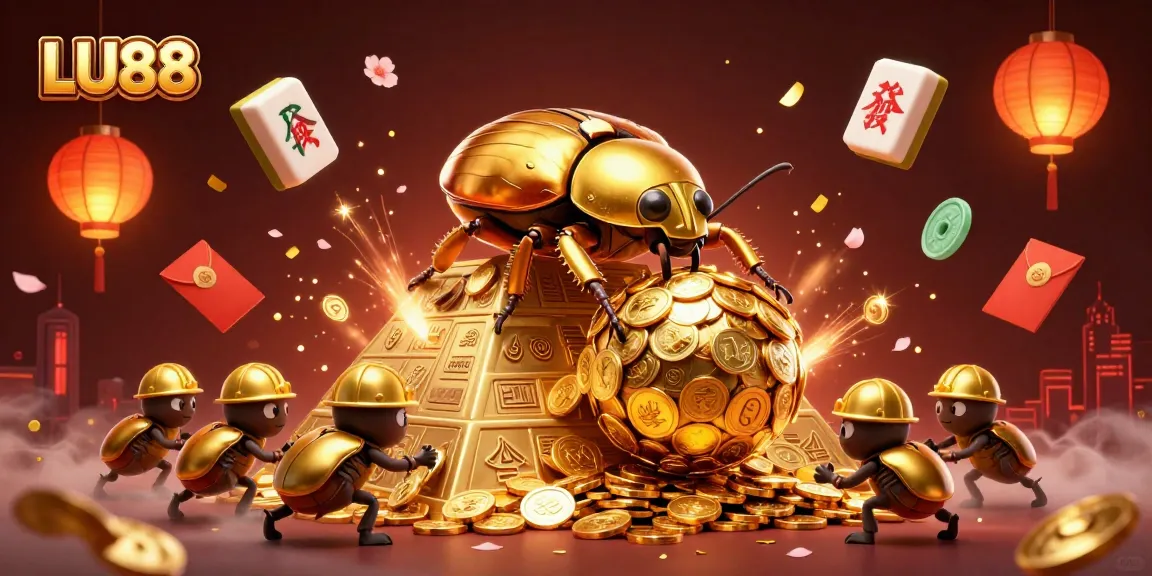Experience LU88's thrilling gaming journey with a golden dung beetle rolling coins through a vibrant casino