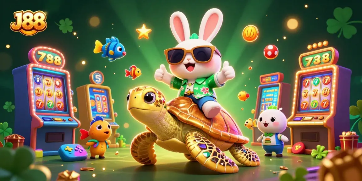 Spin to win at J88 with a lucky rabbit and a golden turtle in a vibrant casino scene!