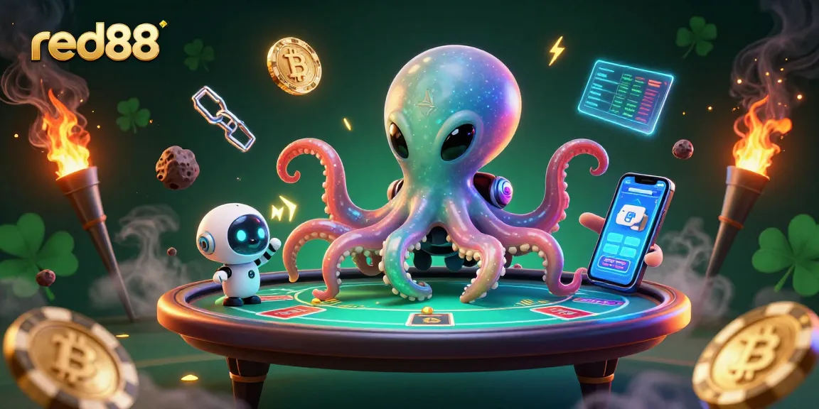 Engage with red88's dynamic gaming experience featuring an alien octopus at a poker table surrounded by crypto elements.
