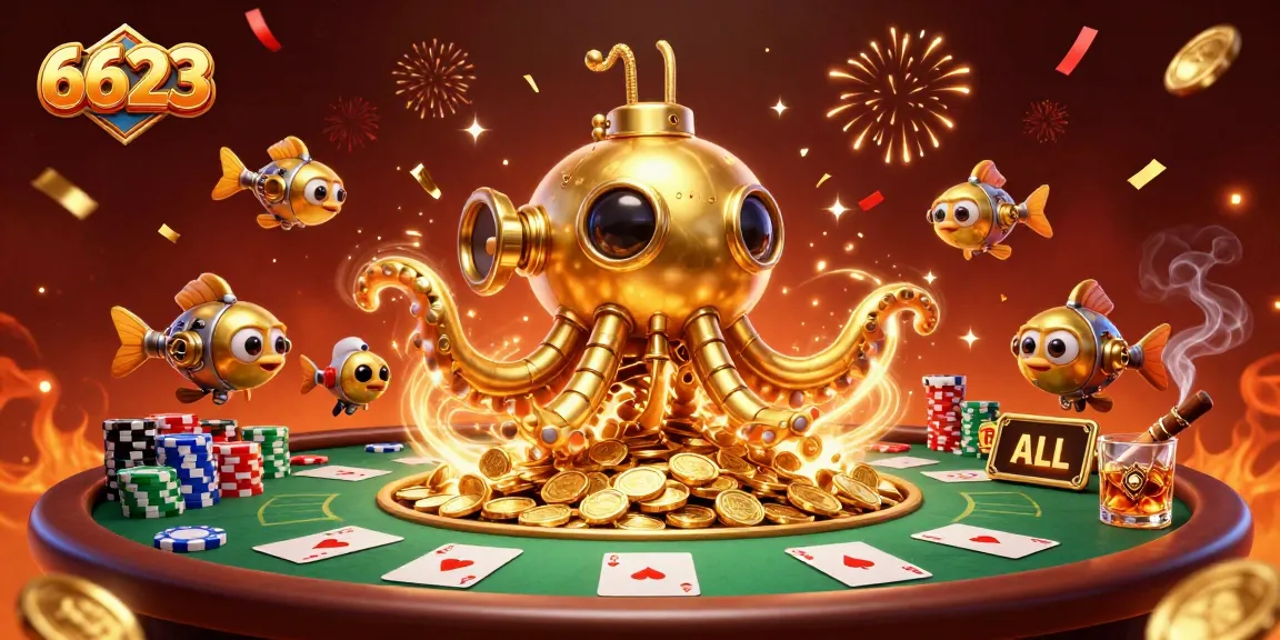 Experience thrilling games at 6623 with a golden kraken submarine and poker elements showcasing high stakes.