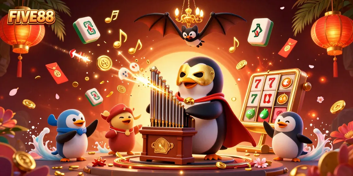 Experience exciting gameplay at FIVE88 with a cartoon penguin playing the organ, surrounded by vibrant casino elements.