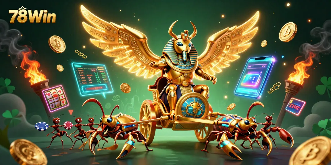 Engage with the exciting world of 78Win as a colorful scarab beetle leads a dynamic casino adventure.