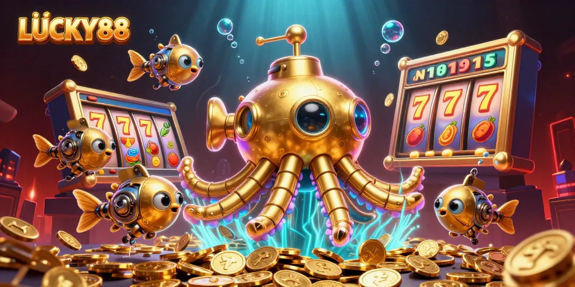 Engage with LUCKY88 slot action featuring a vibrant submarine and golden coins in a rich casino scene.