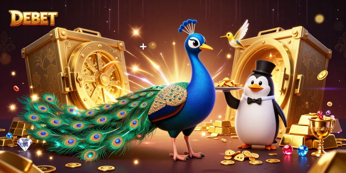Experience thrilling DEBET gameplay with gemstone characters amidst a treasure-filled casino scene.