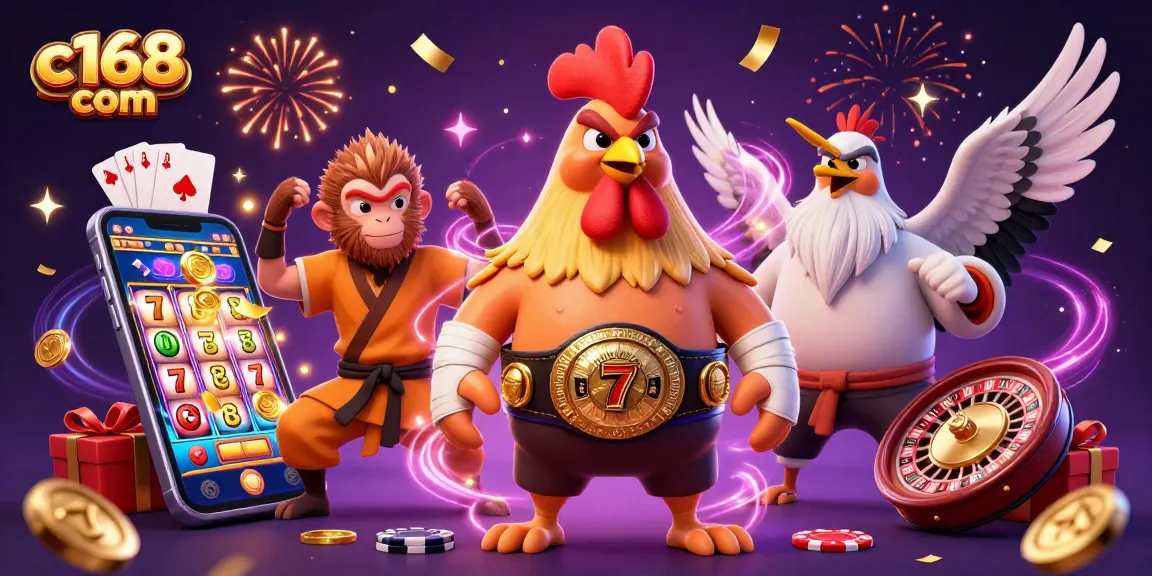 Win big with c168 com in an exciting 3D casino scene featuring vibrant characters and gambling elements.
