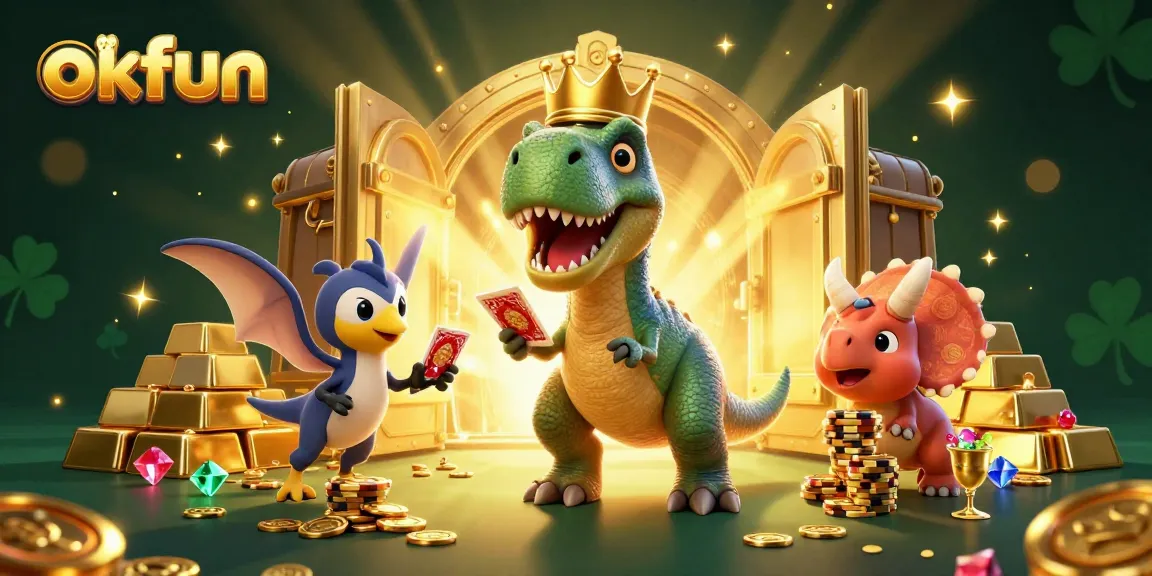 Experience excitement at okfun with T-Rex, Pterodactyl, and Triceratops amidst gold and gems!