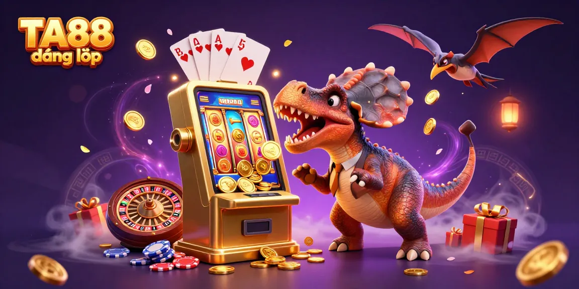 TA88 đăng nhập showcases a pachycephalosaurus celebrating jackpot wins at a vibrant casino scene.