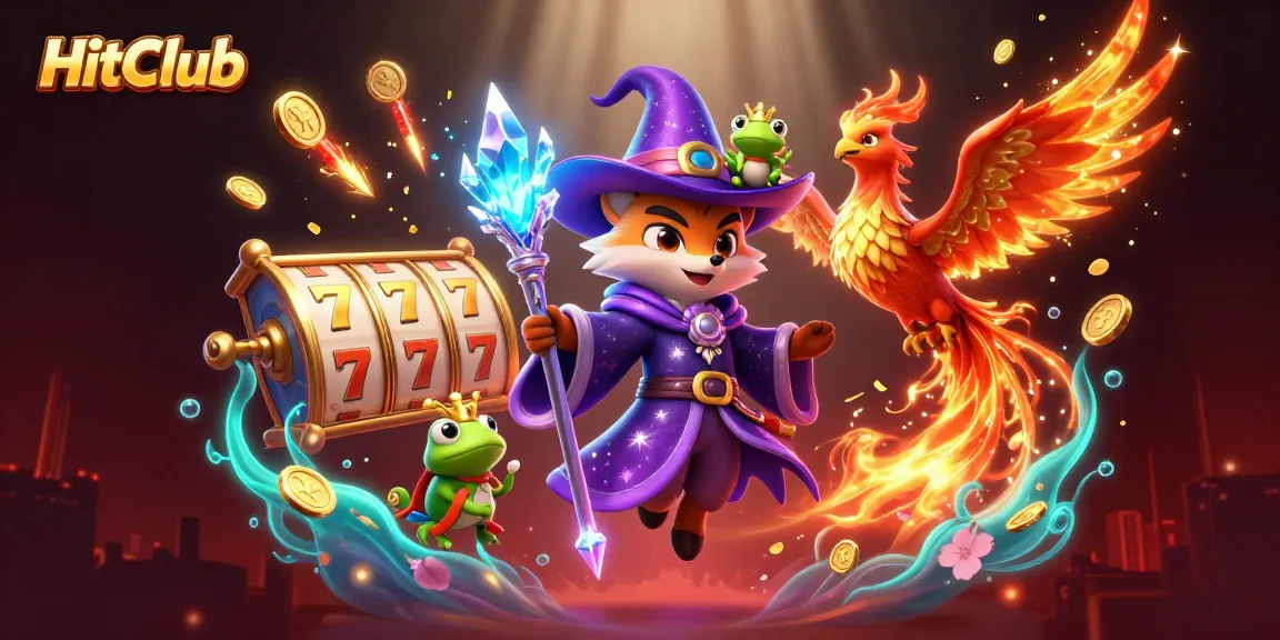 Experience thrilling wins at HitClub with an enchanting scene featuring a mystical fox wizard and jackpot elements.