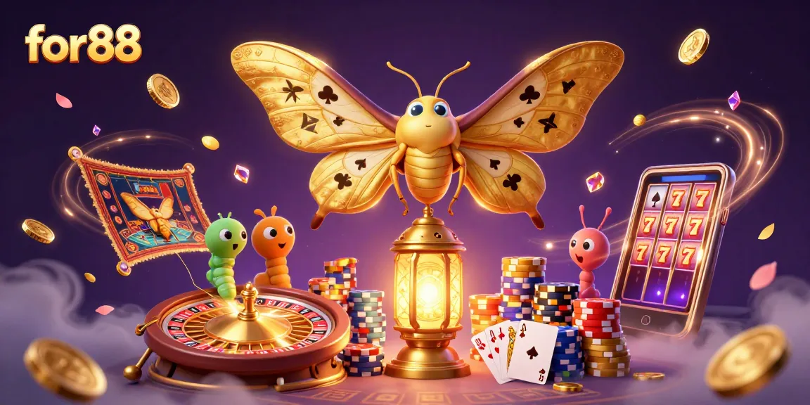 for88 showcases vibrant 3D casino scenes with a majestic moth, spinning roulette, and poker chips in view.