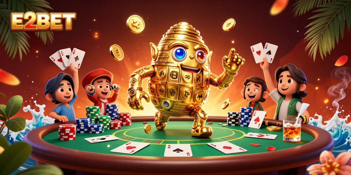 Engage with E2BET, featuring a dynamic golden golem amidst a lavish poker scene.