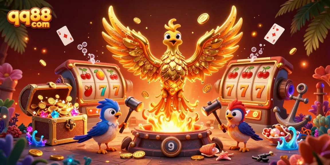 Experience thrilling moments at qq88 com with golden phoenix and vibrant casino elements.