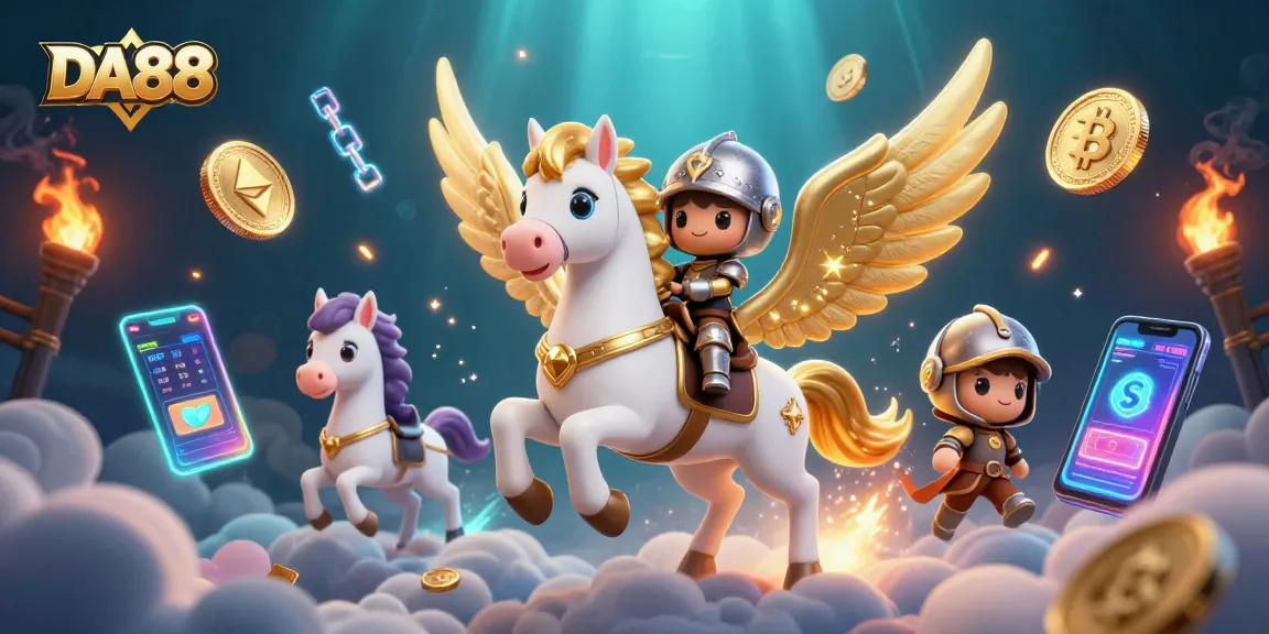 Engage in DA88’s thrilling casino adventures with a celestial horse and knight amidst crypto excitement.