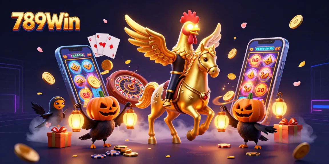 Experience thrilling wins at 789Win with a vibrant casino scene featuring a golden rooster and magical elements.