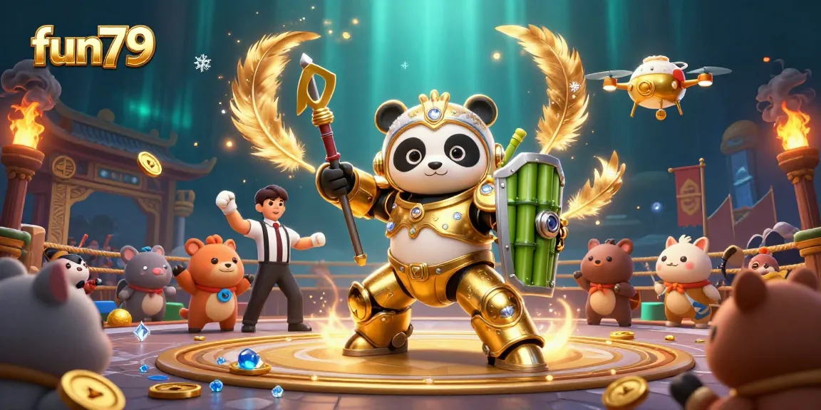 Immerse yourself in fun79’s thrilling casino world with vibrant action and a golden panda hero.