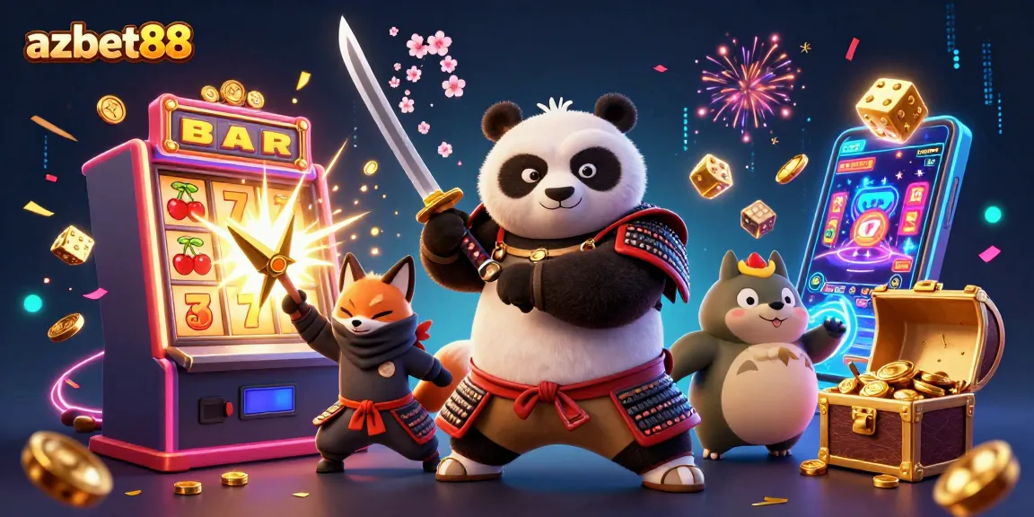 Experience big wins at azbet88 with an energetic scene featuring samurai panda, ninja fox, and magical tanuki.