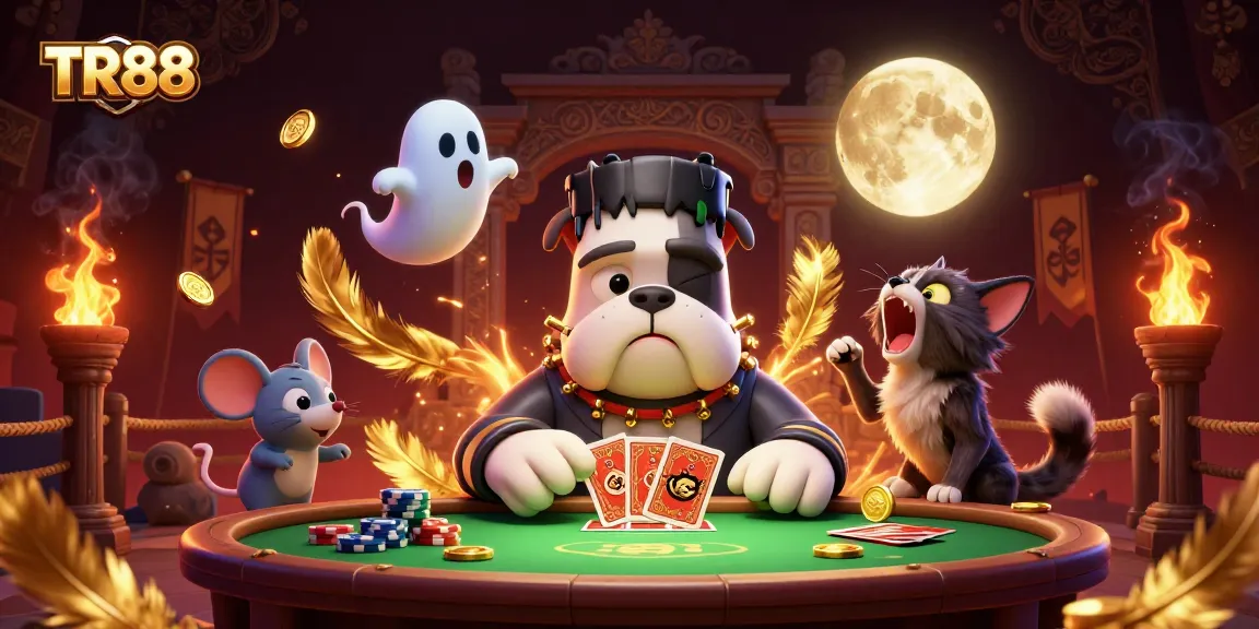 Engage with TR88 at a casino scene featuring a bulldog dealer and ghostly characters.