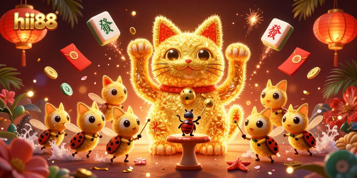 Experience the magic of hii88 with a lucky cat and dynamic casino symbols transforming the gaming space.