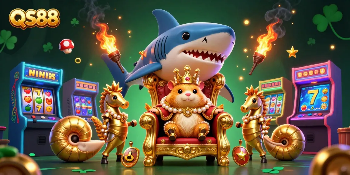 Play exciting casino games with QS88 featuring a royal hamster king and vibrant arcade elements.