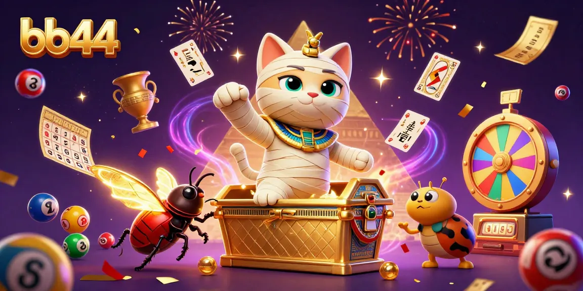 bb44 showcases the Egyptian mummy cat bursting from a sarcophagus in a vibrant casino celebration.