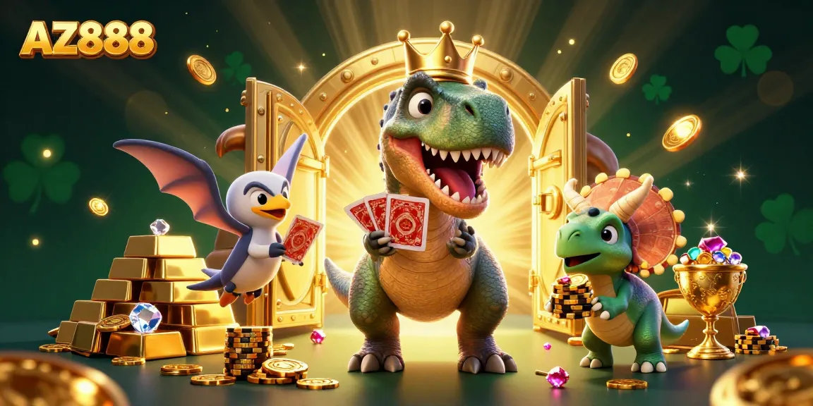 AZ888 showcases a friendly T-Rex shuffling cards with treasure elements, captivating gamers.