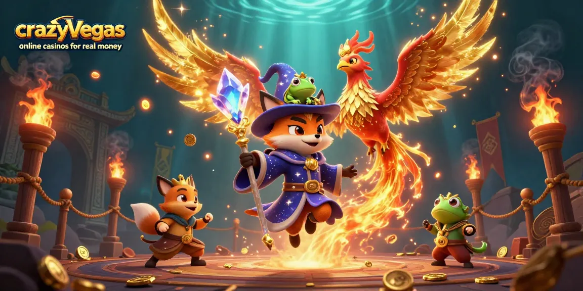 Casting spells at crazyvegas online casinos for real money with a wizard and a phoenix amidst gold coins.